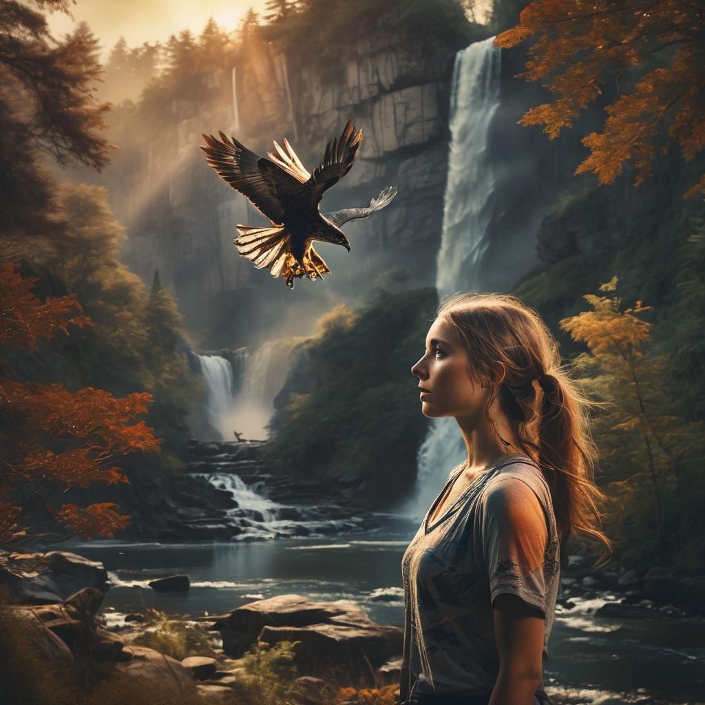 Woman and Hawk Double Exposure Nature Scene