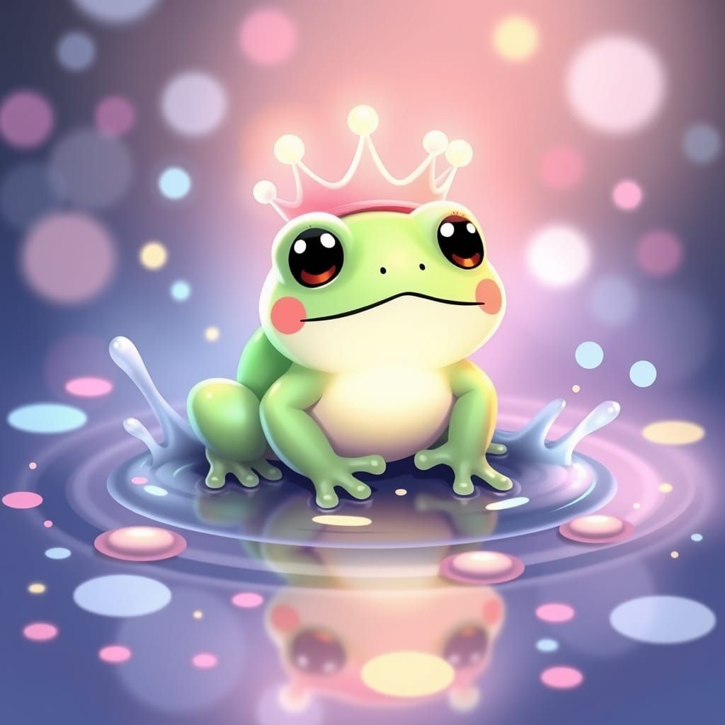 Crowned Bioluminescent Frog Splashing, Kawaii Style