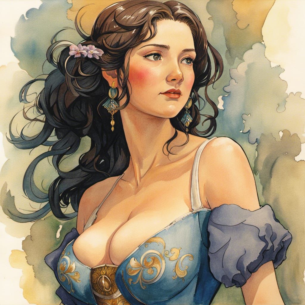 Watercolor Portrait of Voluptuous Woman in Fantasy Setting