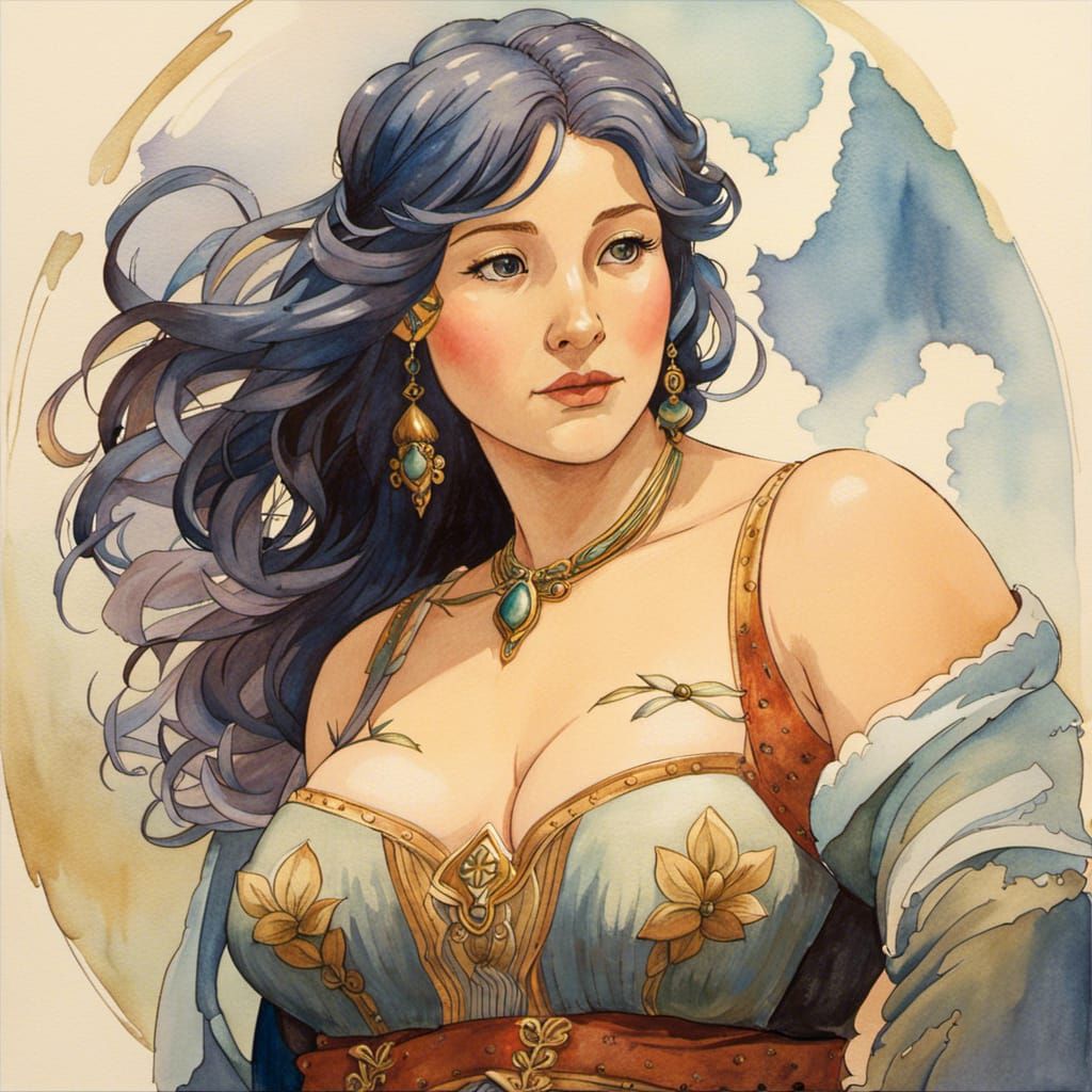Fantasy Barmaid Portrait in Watercolor Style