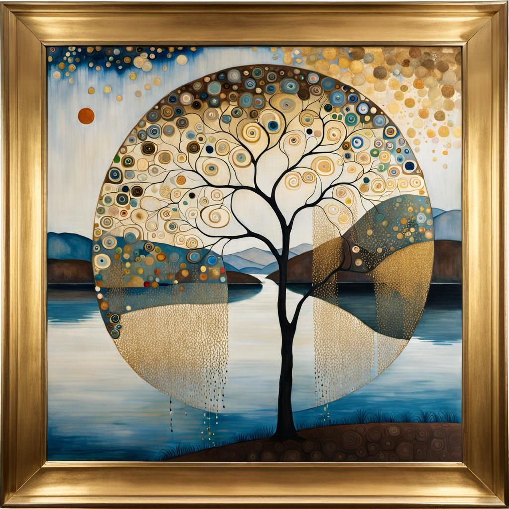 Klimt-Inspired Tree Painting with Metallic Accents