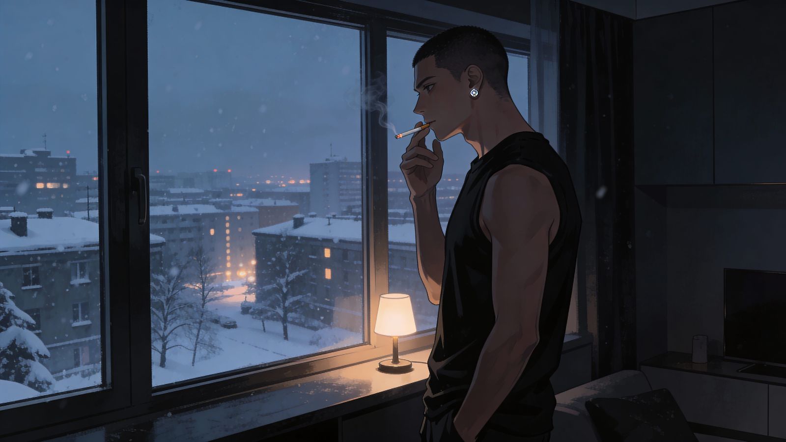 Man Gazing at Snowy City Dusk in Modern Apartment