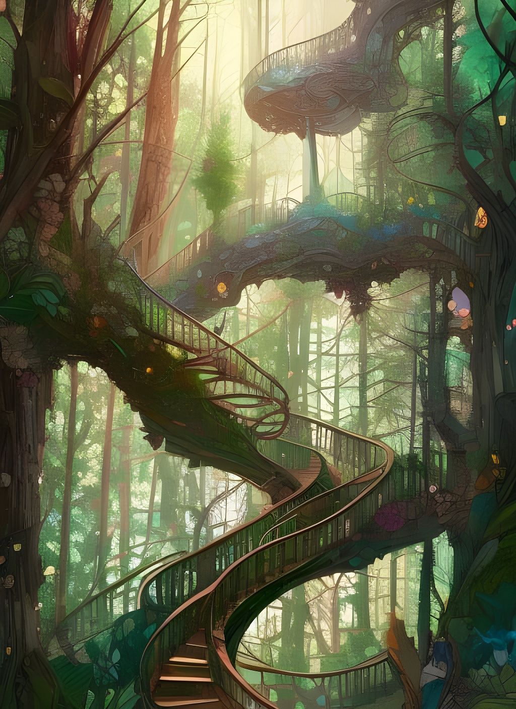 Tree Staircase in Fantasy Forest Digital Illustration