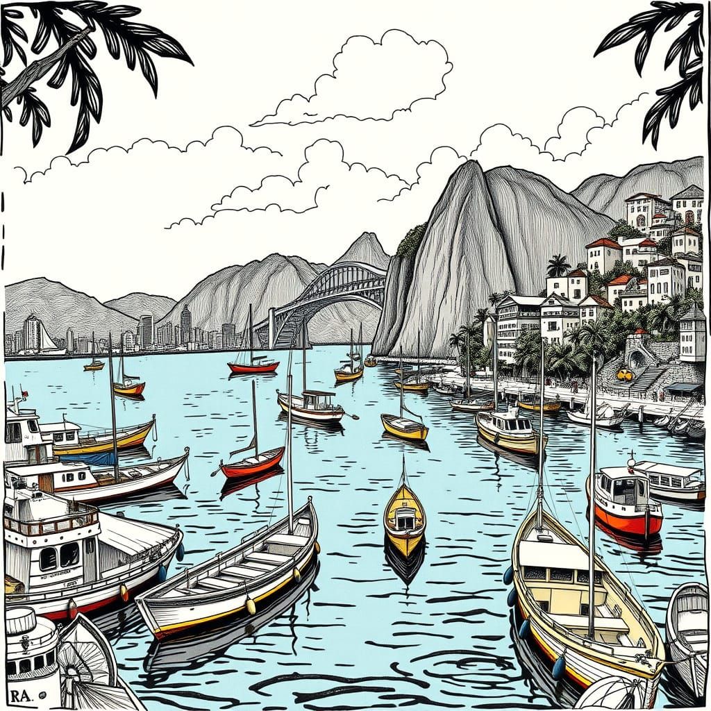Rio Harbor Scene in Art Nouveau Style