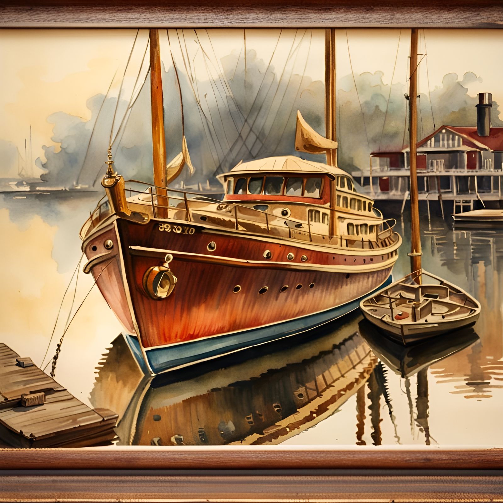 Antique Wooden Motor Yacht Watercolor Painting