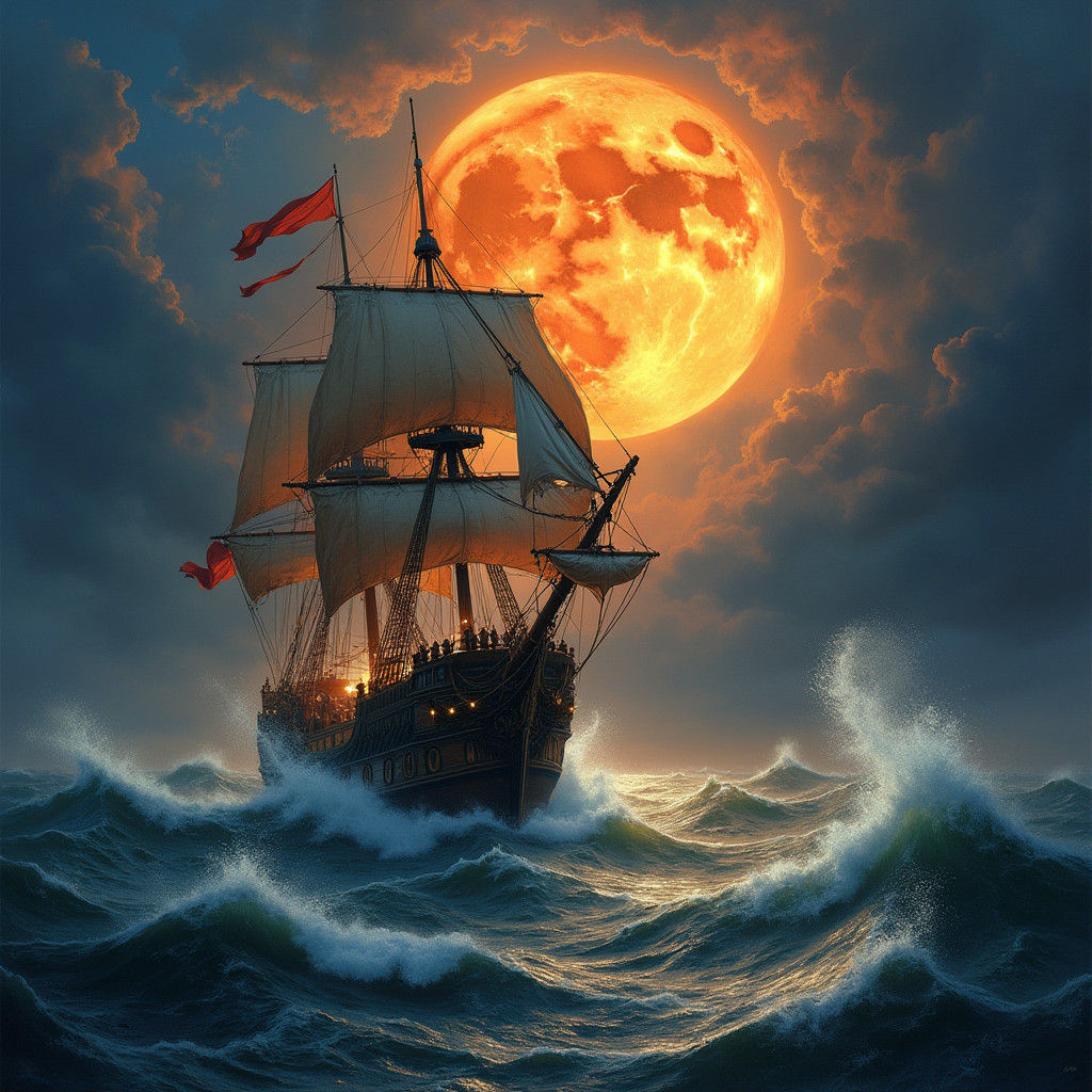 Galleon in Stormy Seas: A Romantic Era Painting