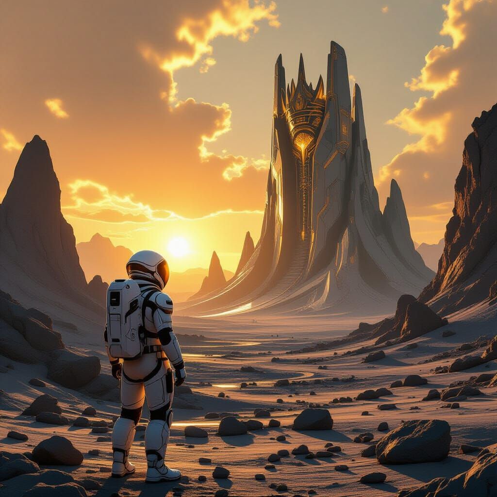 Astronaut Explores Alien Crown Structure at Binary Sunset