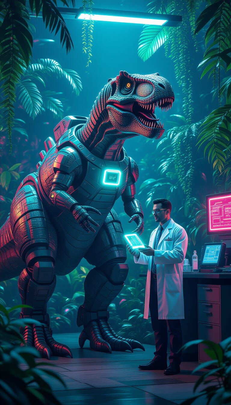 T-Rex in Cybernetic Armor with Scientist in Neon Jungle