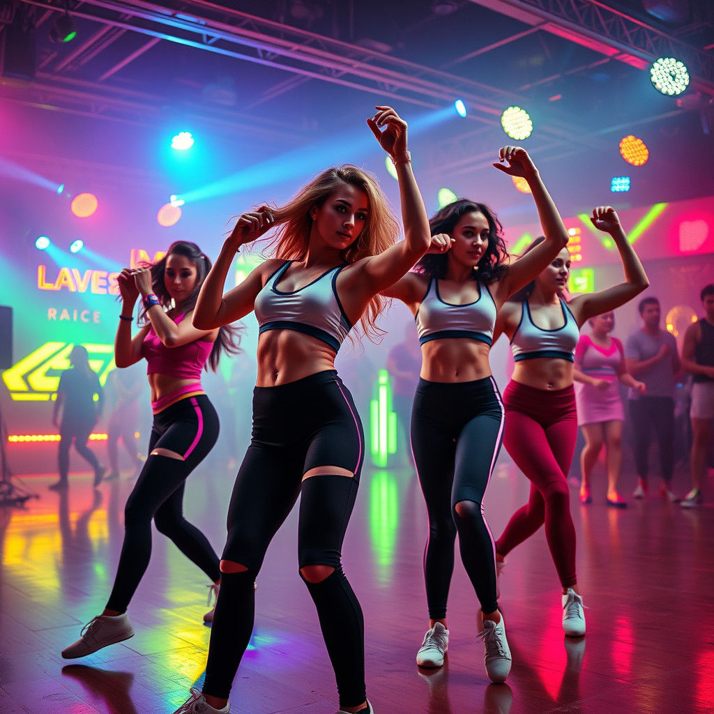 Energetic 80s Flashdance Dancers in Neon Lit Hall