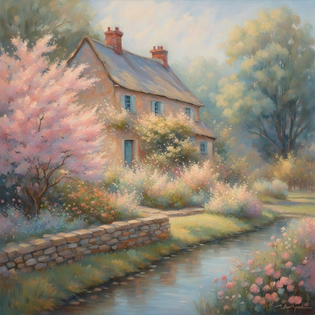 Cozy Cottage in Impressionist Oil Painting Style