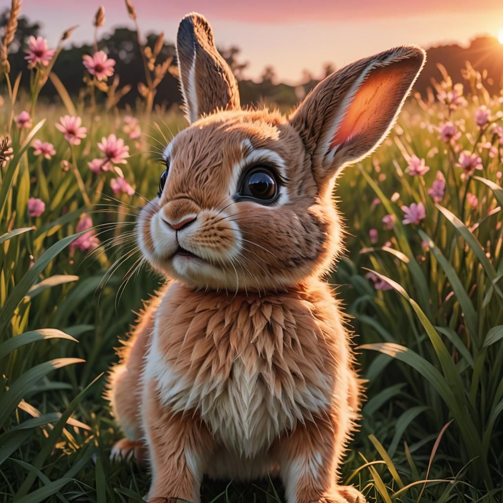 Cute Baby Rabbit in Sunset Field: Pixar Style
