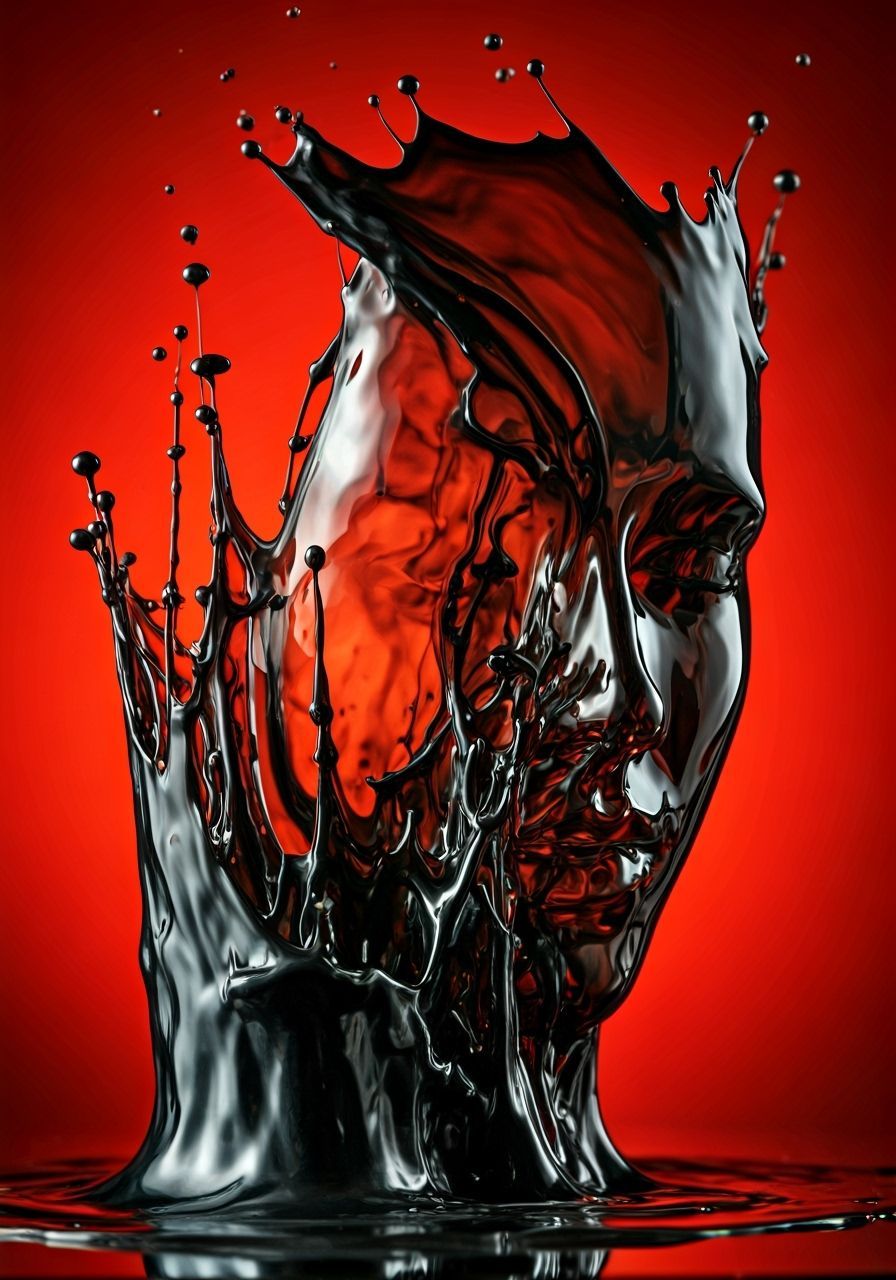 Mysterious Black Liquid Sculpture of Face on Red