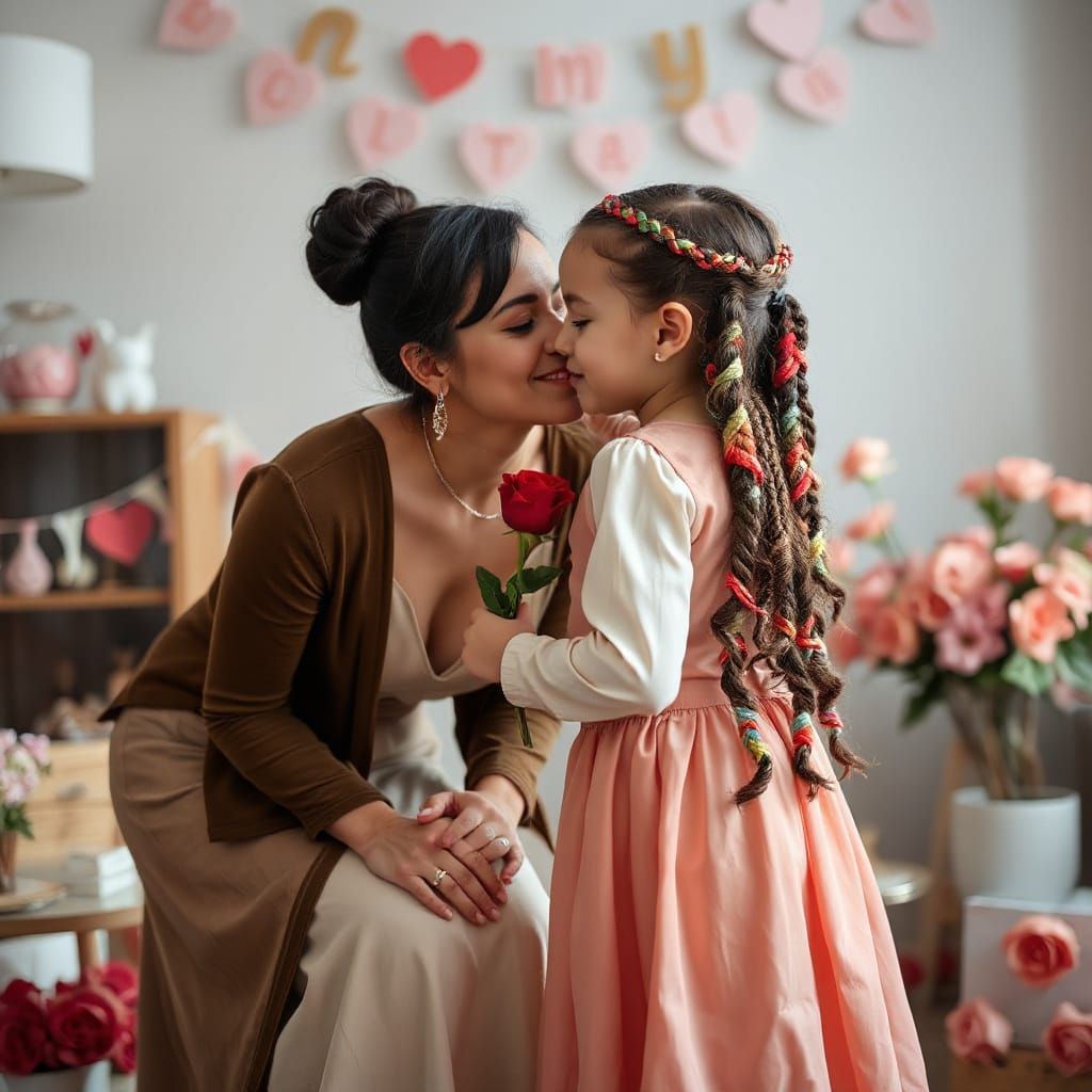 Mother and Daughter's Tender Kiss: Photorealistic Scene
