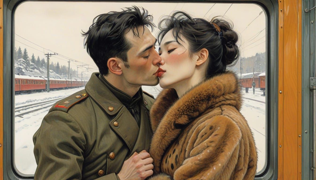 Romantic Train Station Kiss in Vintage Style