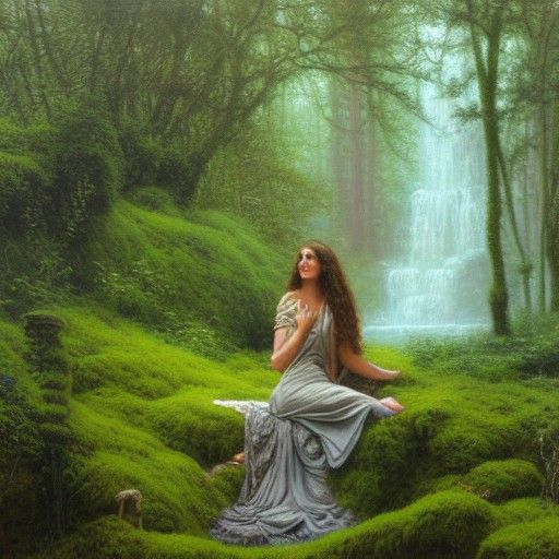 Goddess in Moss Garden, Oil Painting Style