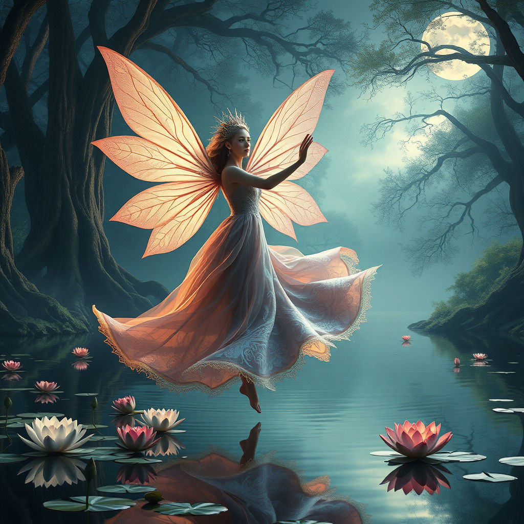 Fairy Queen Dancing on Magical Lake: Fantasy Concept Art