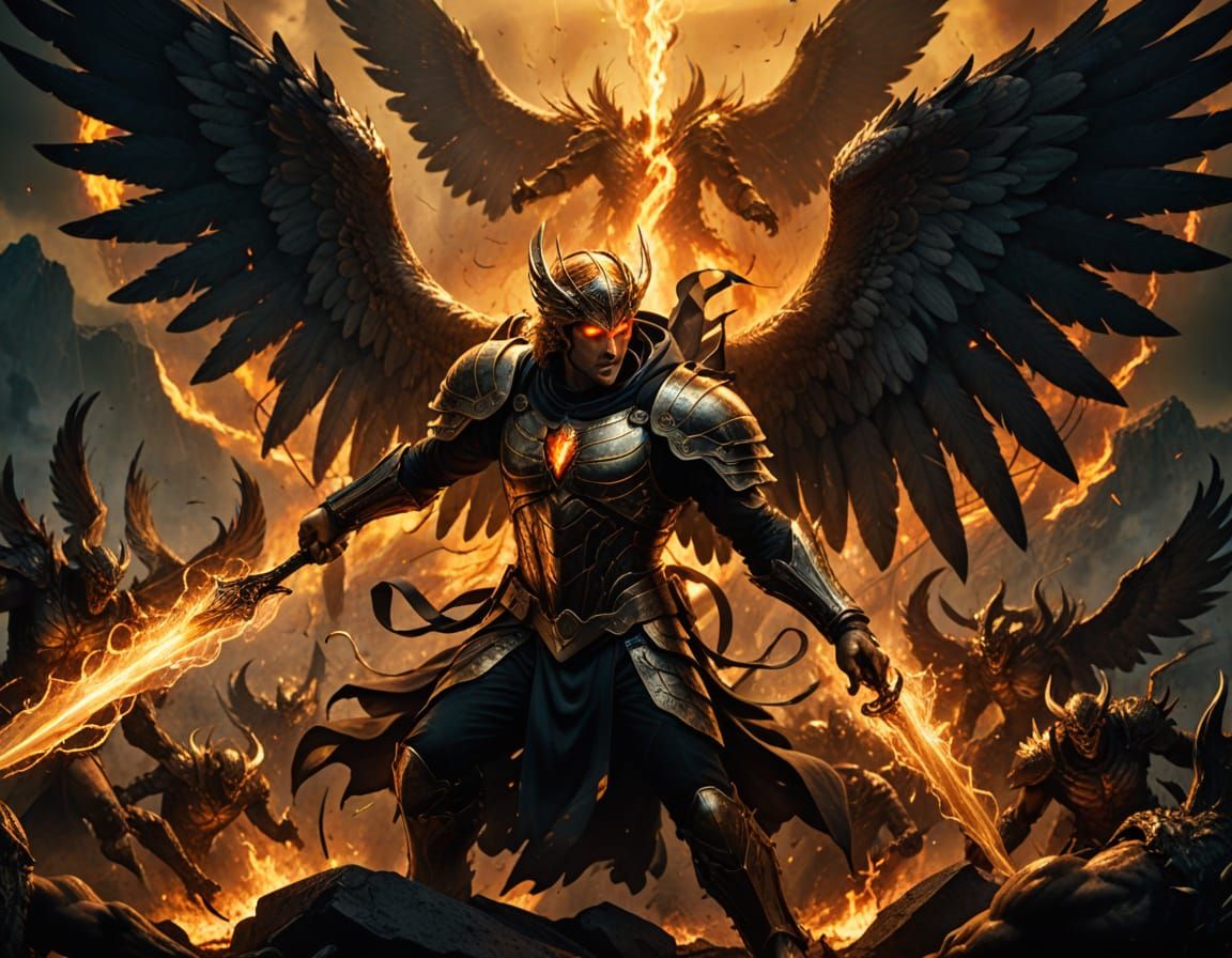 Archangel Battles Demons in Hellish Landscape