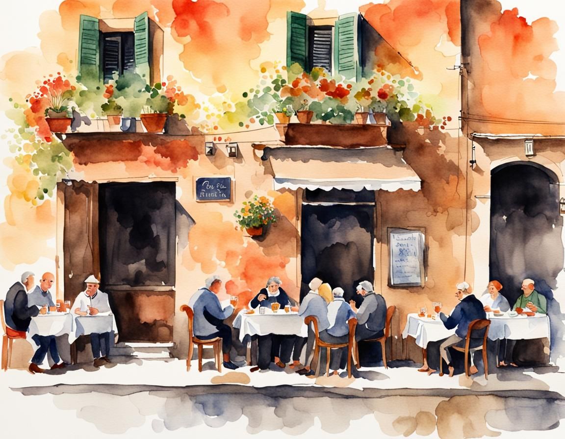 Watercolor Painting of People Dining in Italy