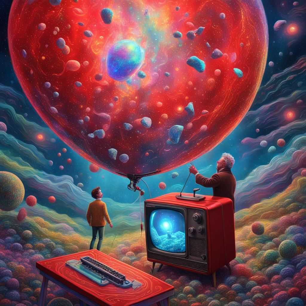 Surreal Astral Creature with Old TV, Holographic Illustratio...
