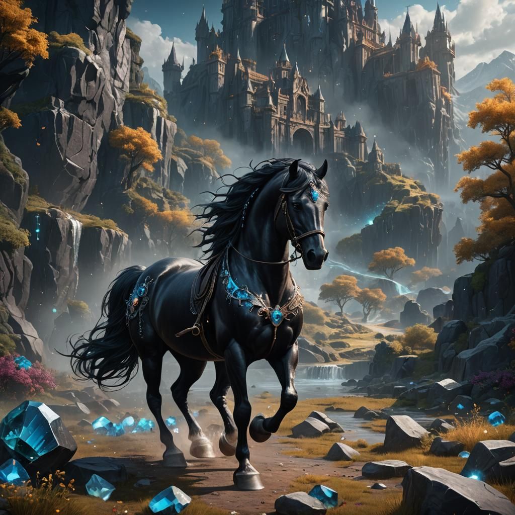 Crystalline Black Horse: Detailed Fantasy Art