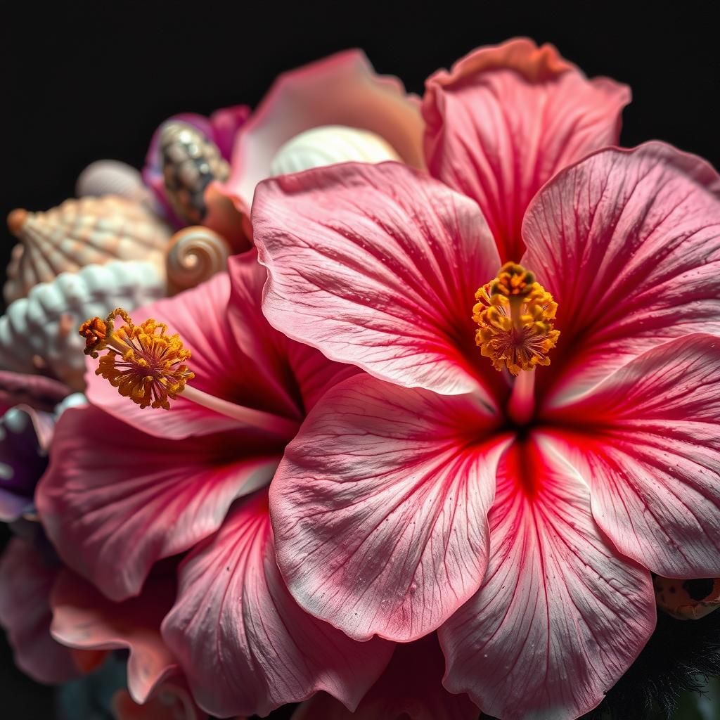 Seashell and Hibiscus Bouquet in Alcohol Ink Style