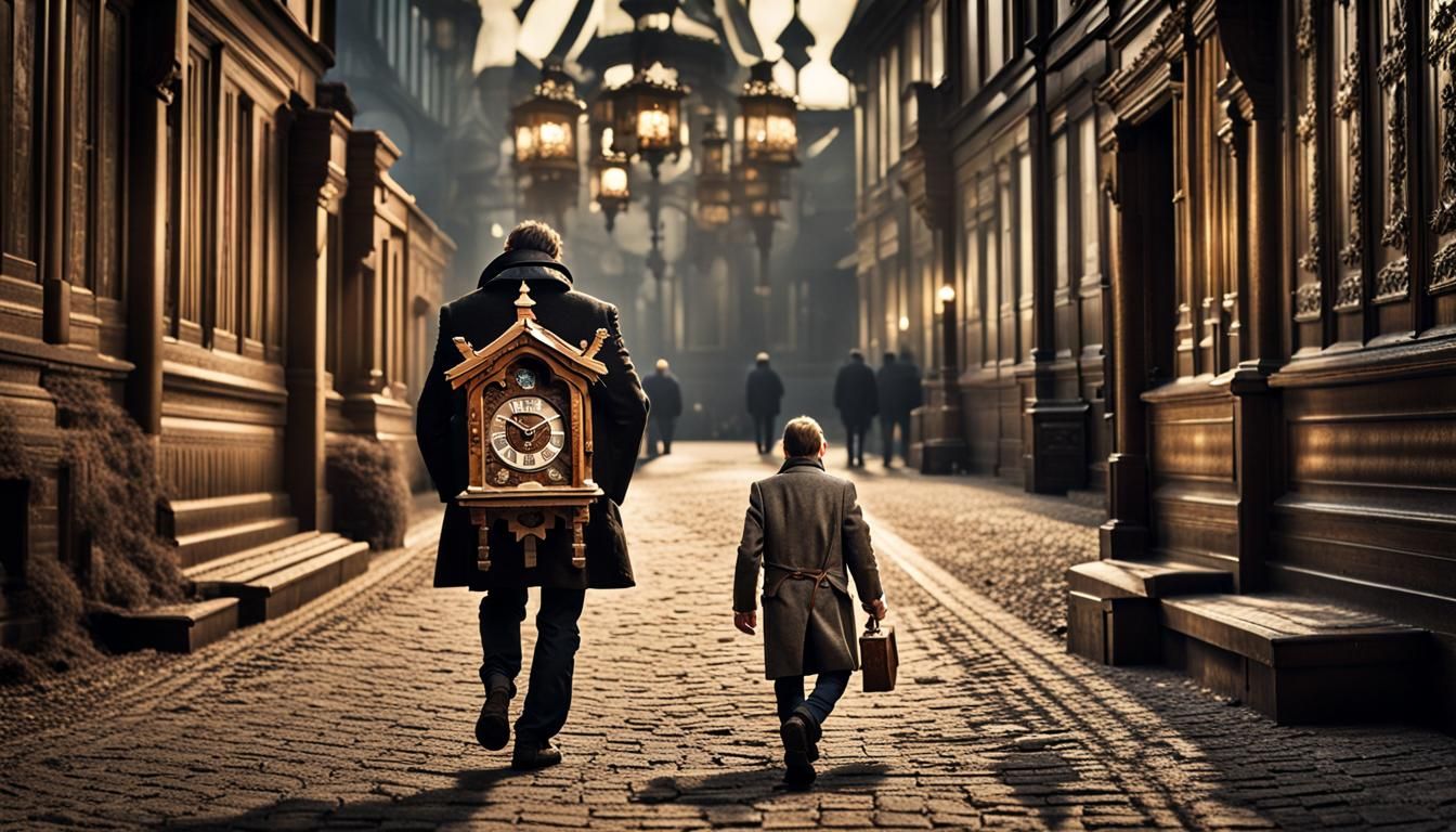 Man with Cuckoo Clock: Hyperrealistic Atmospheric Portrait