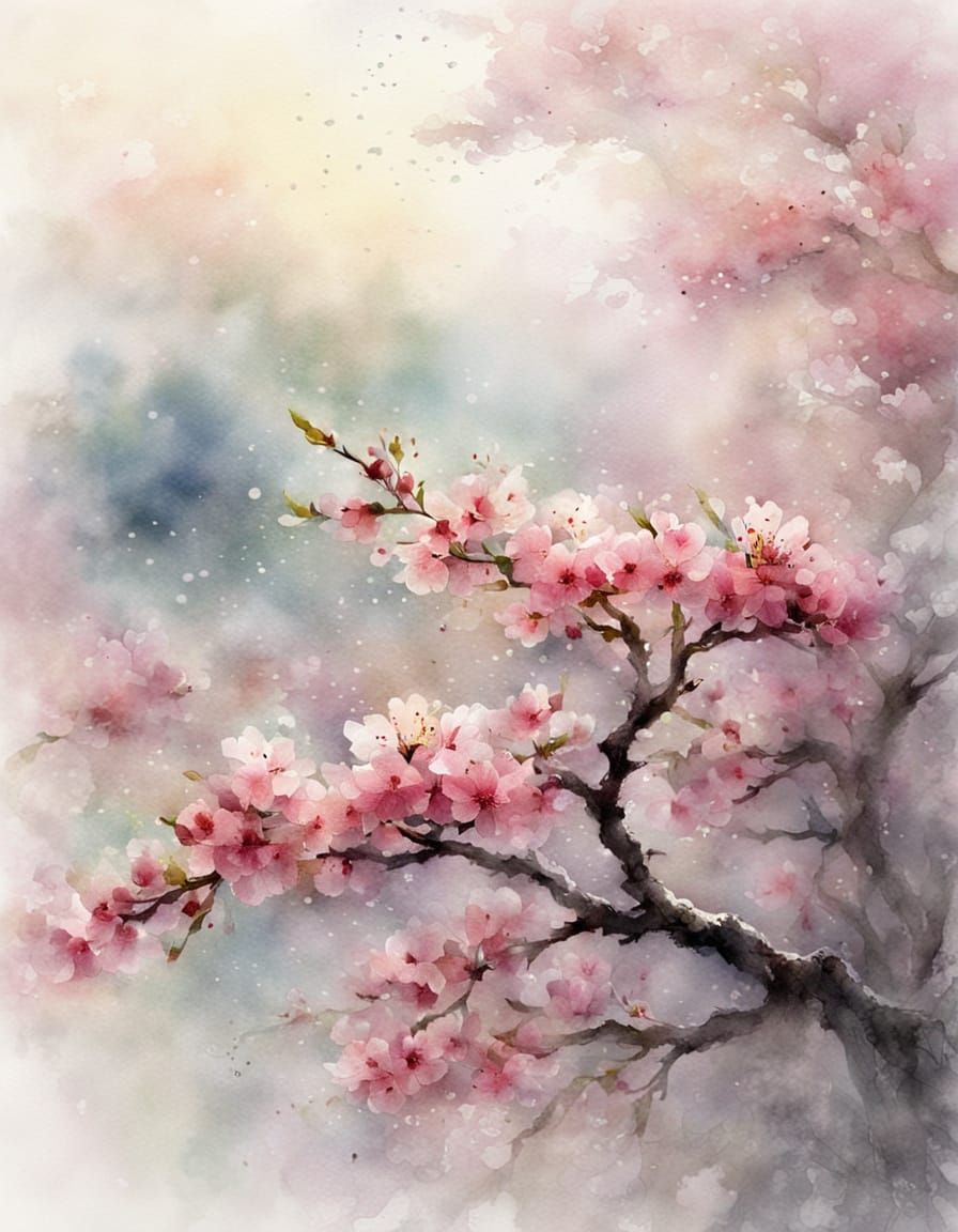 Ethereal Cherry Blossom Macro Closeup in Watercolour