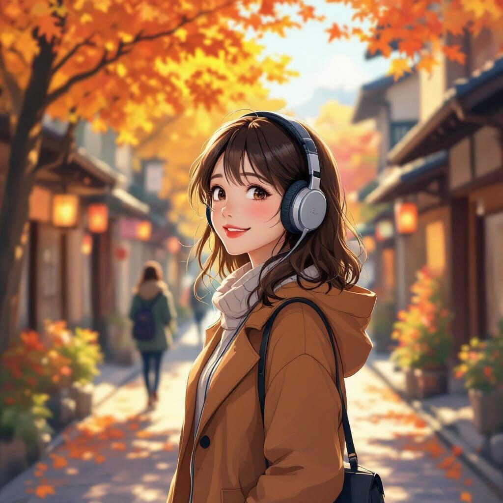 Woman Enjoys Music in Autumn Kyoto Streets in Anime Style