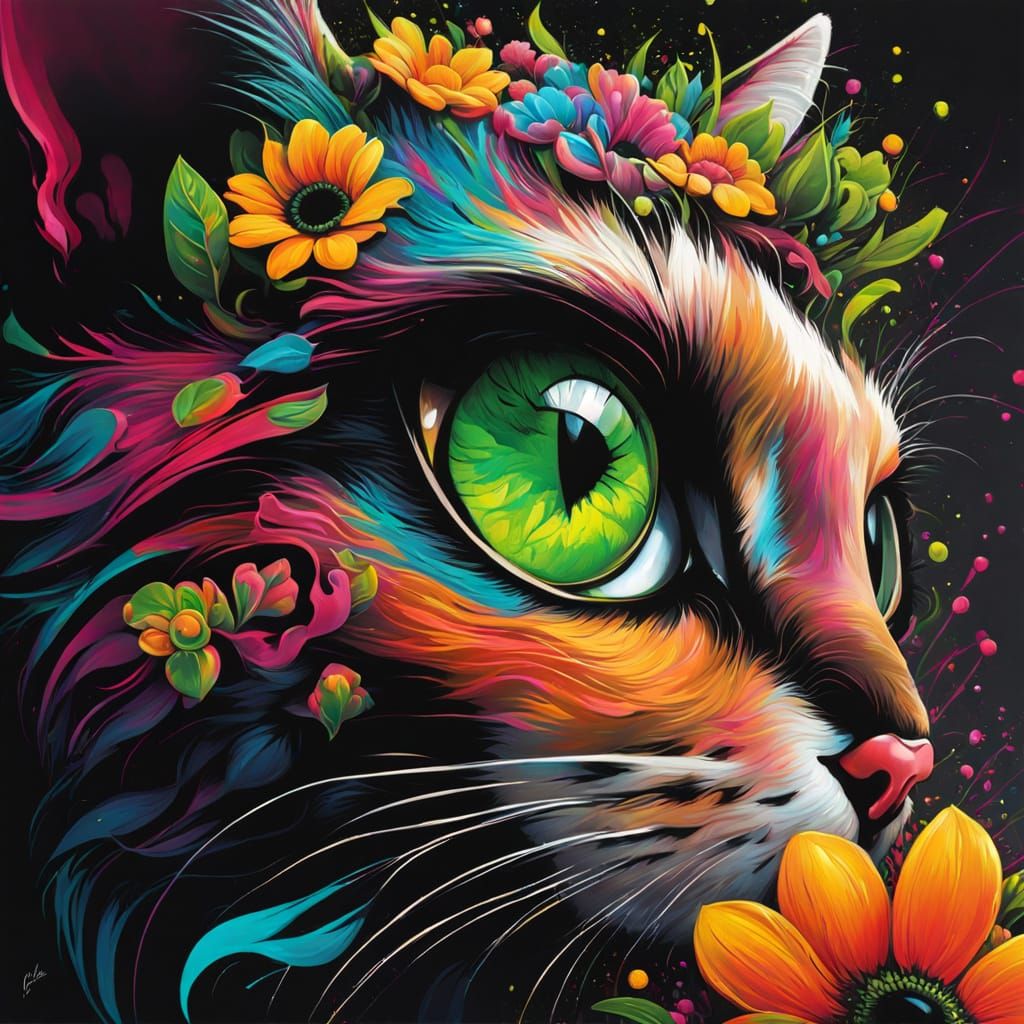 Flower Cat's Vibrant Green Eye in Graffiti Art