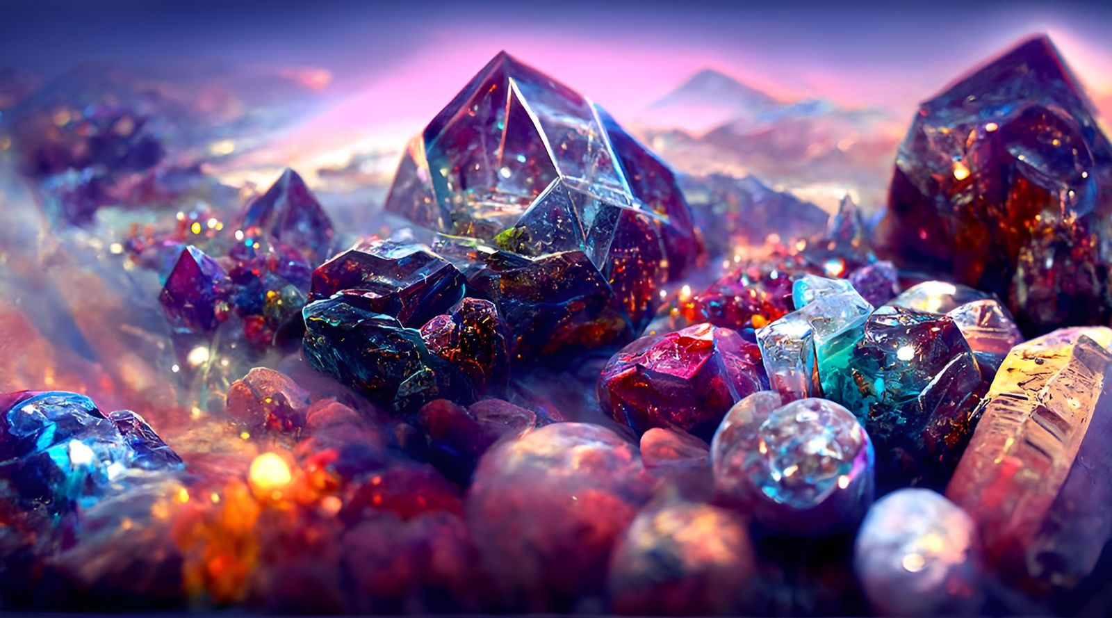 Crystal Jewels Landscape in Hyperrealism Style
