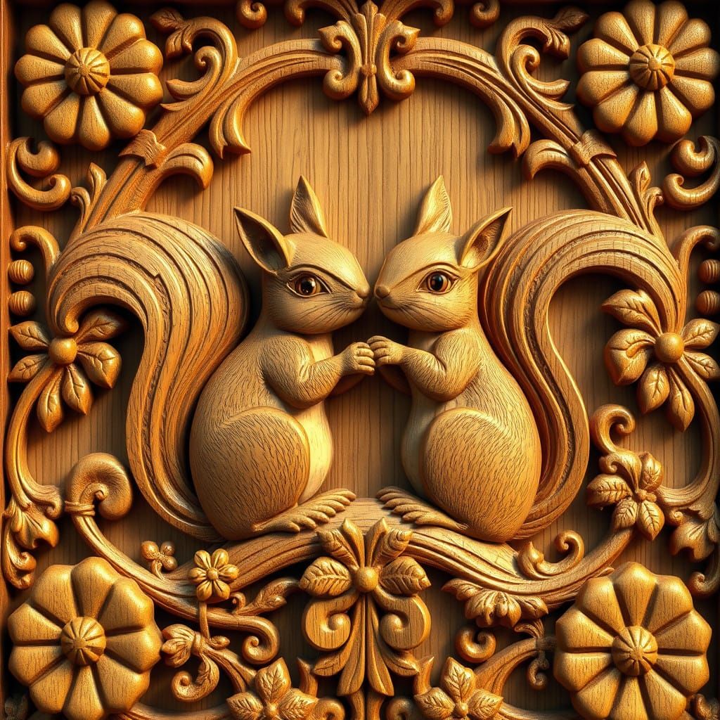 Whimsical Wooden Sculpture of Playful Squirrels