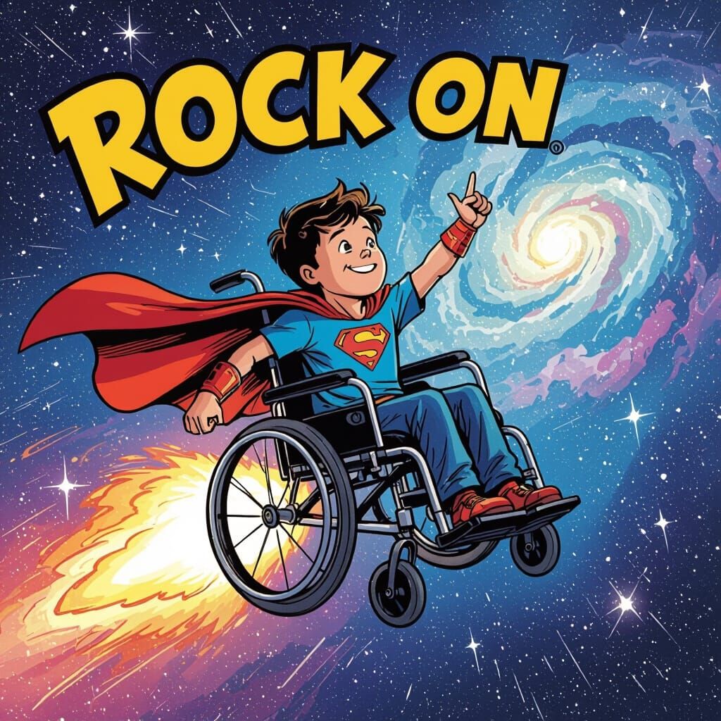 Superhero Boy in Rocket Wheelchair Flies Through Cosmic Gala...