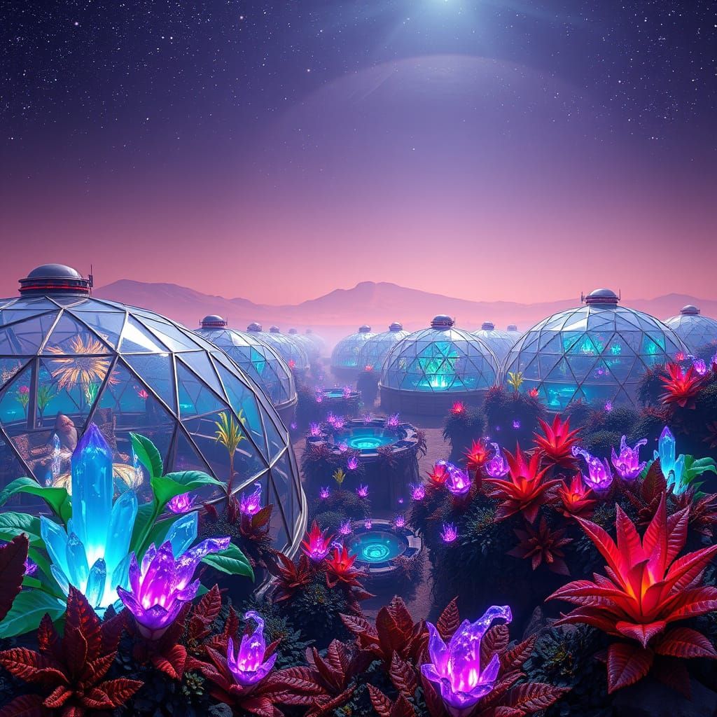 Martian Greenhouses with Bioluminescent Flora