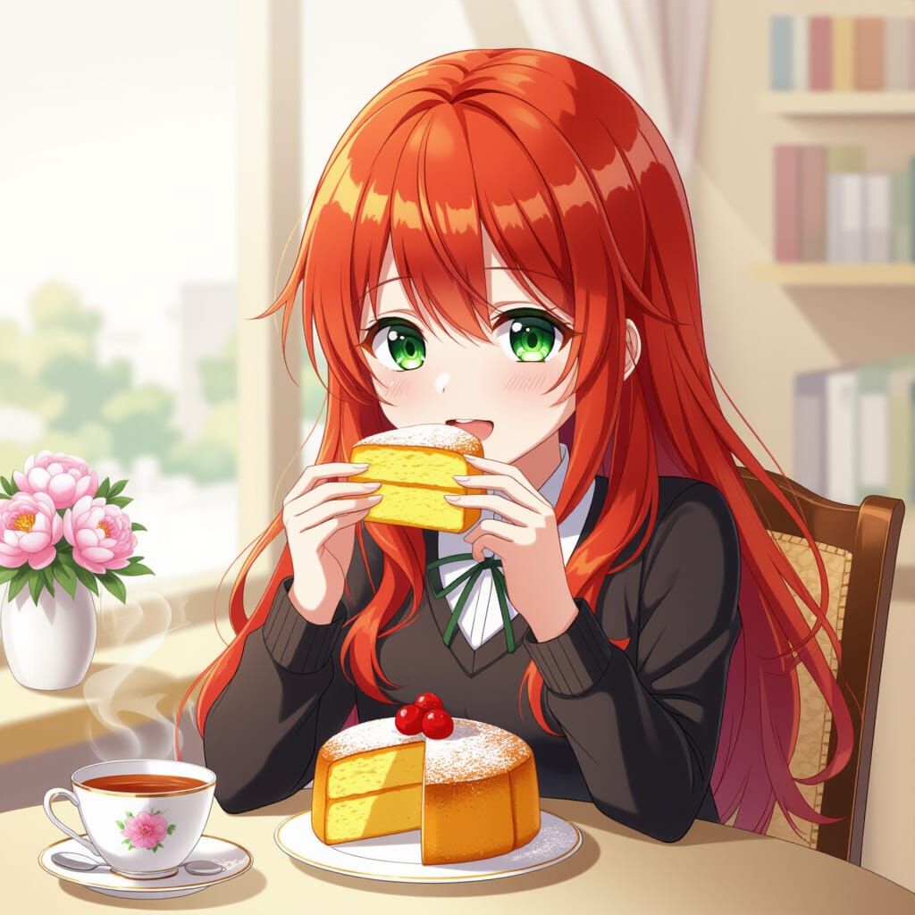 Cute Anime Woman Enjoys Cake in Kawaii Scene