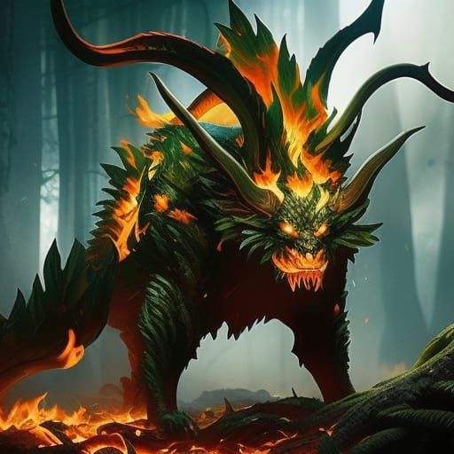 Leaf and Fire Demon in a Sunny Landscape