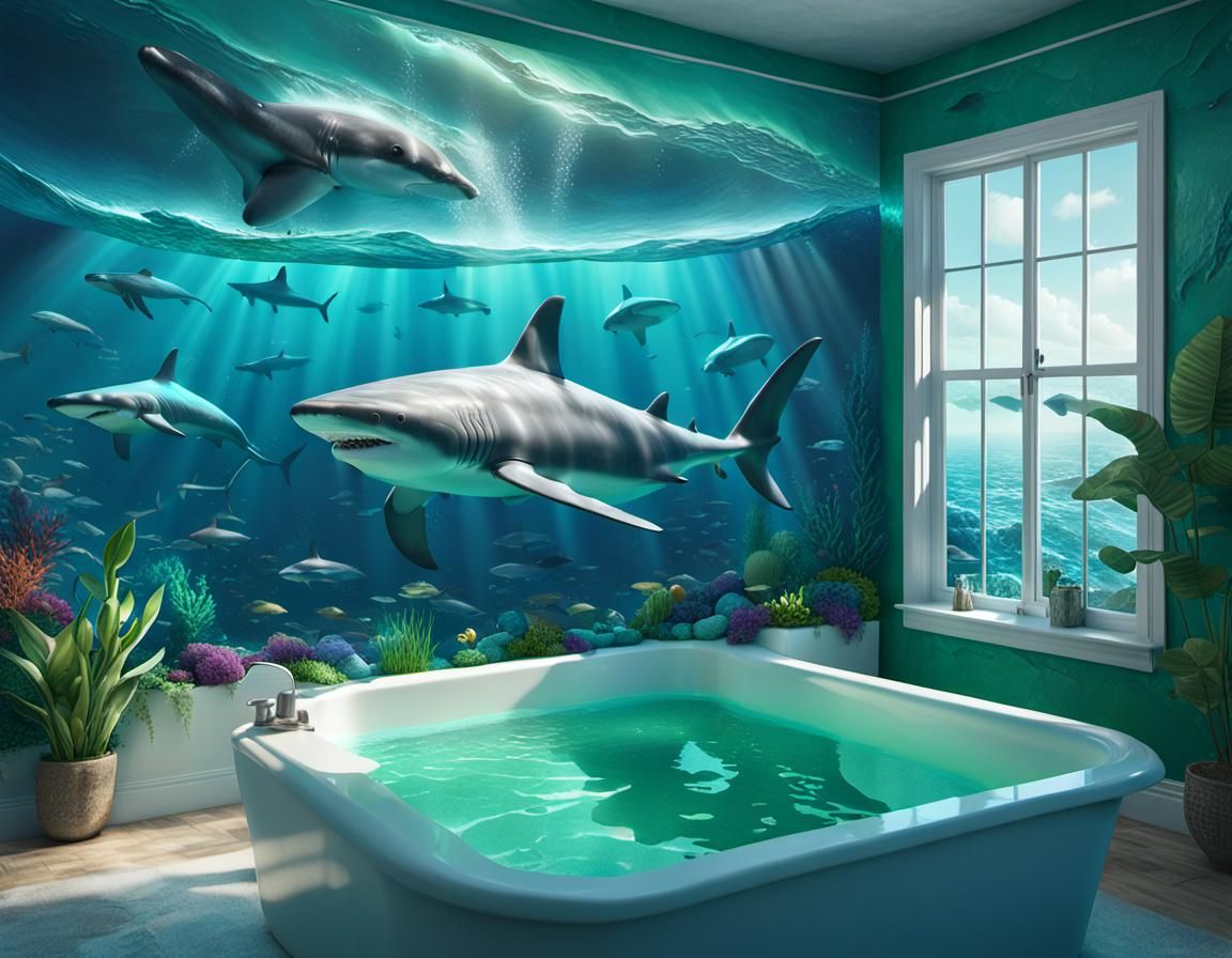 Ocean Mural with Sharks and Dolphins in Fantasy Concept Art