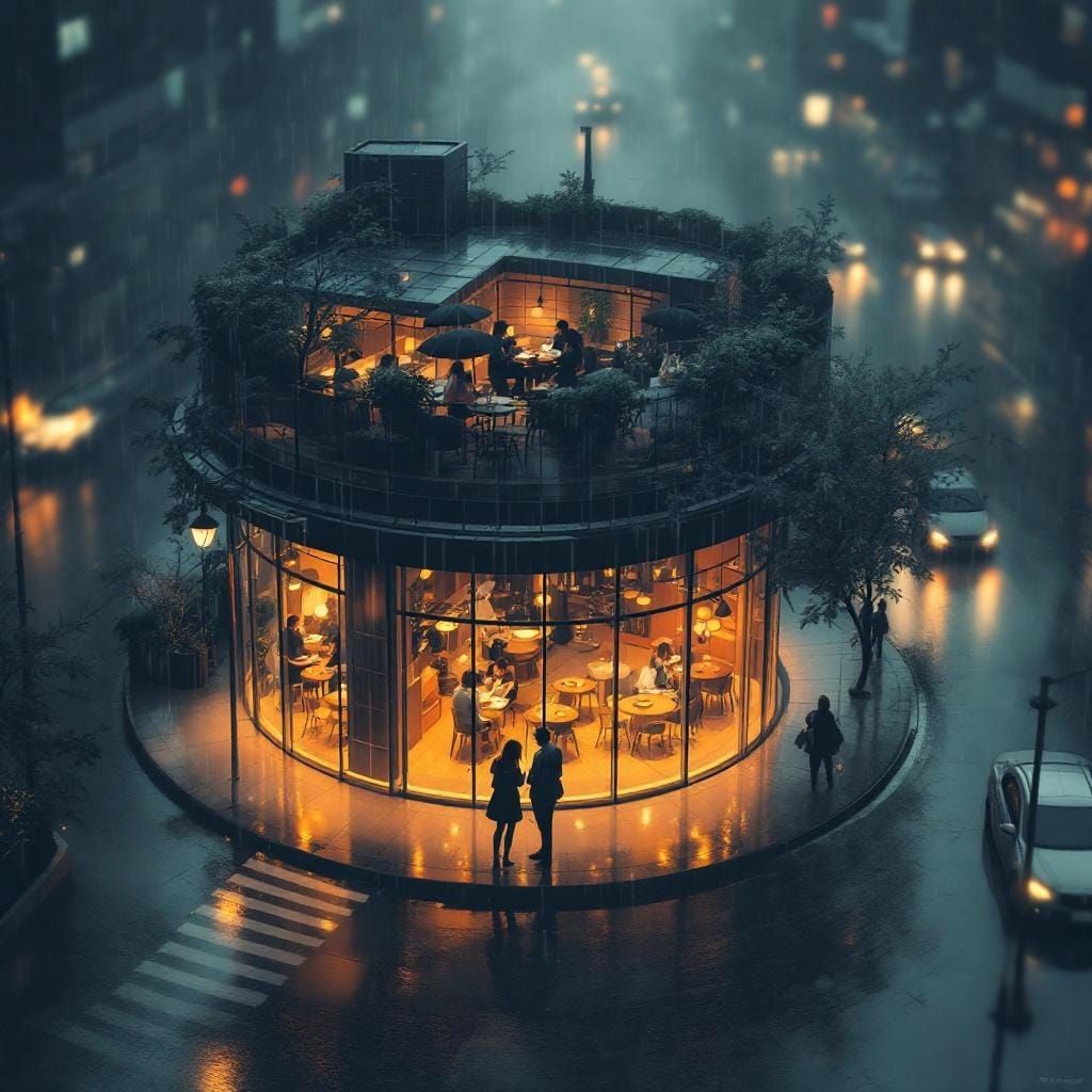 Rainy City Street with Cafe in Anime Style