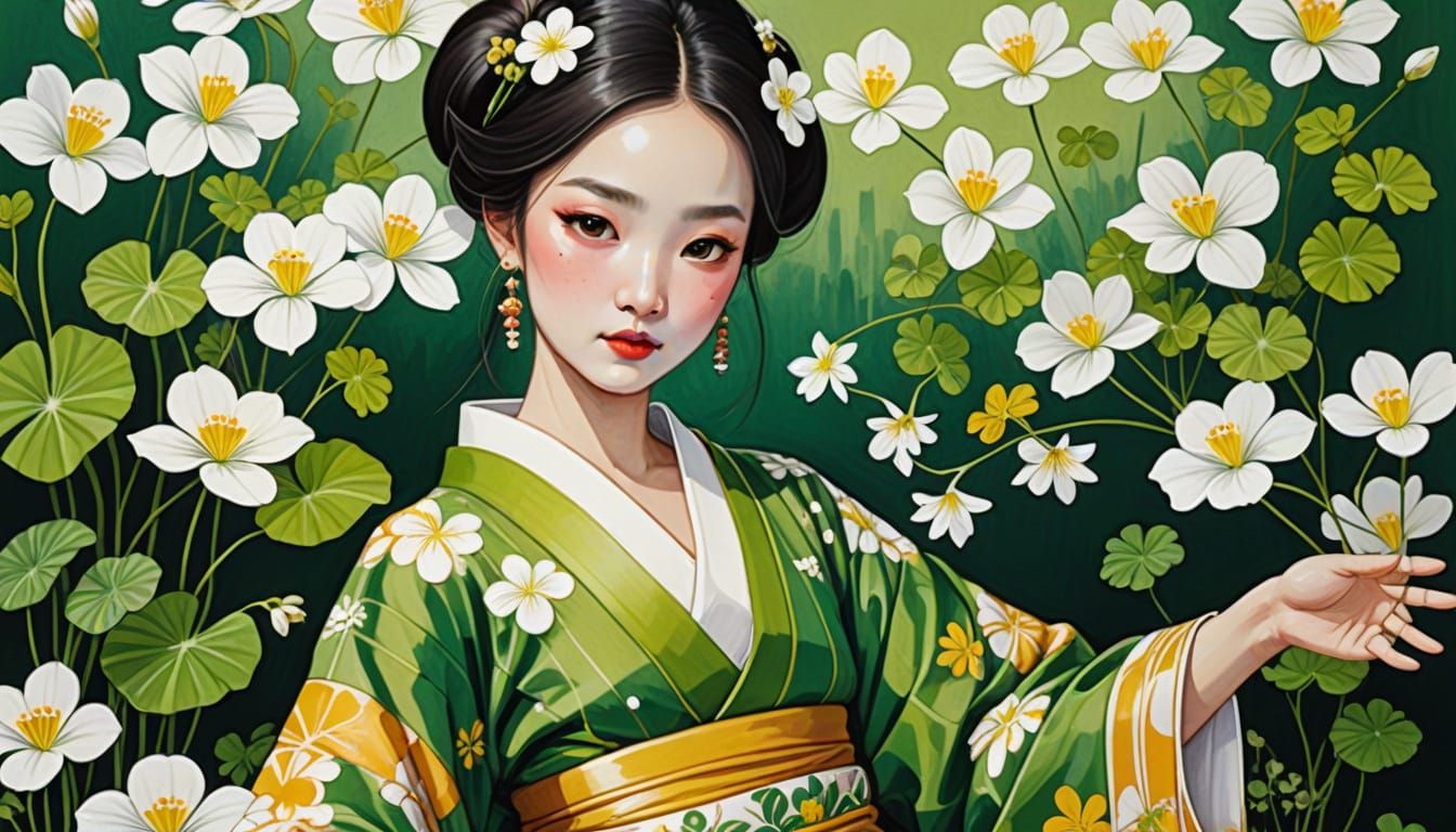 Vibrant Cartoon Girl Dances with Oxalis in a Colorful Kimono