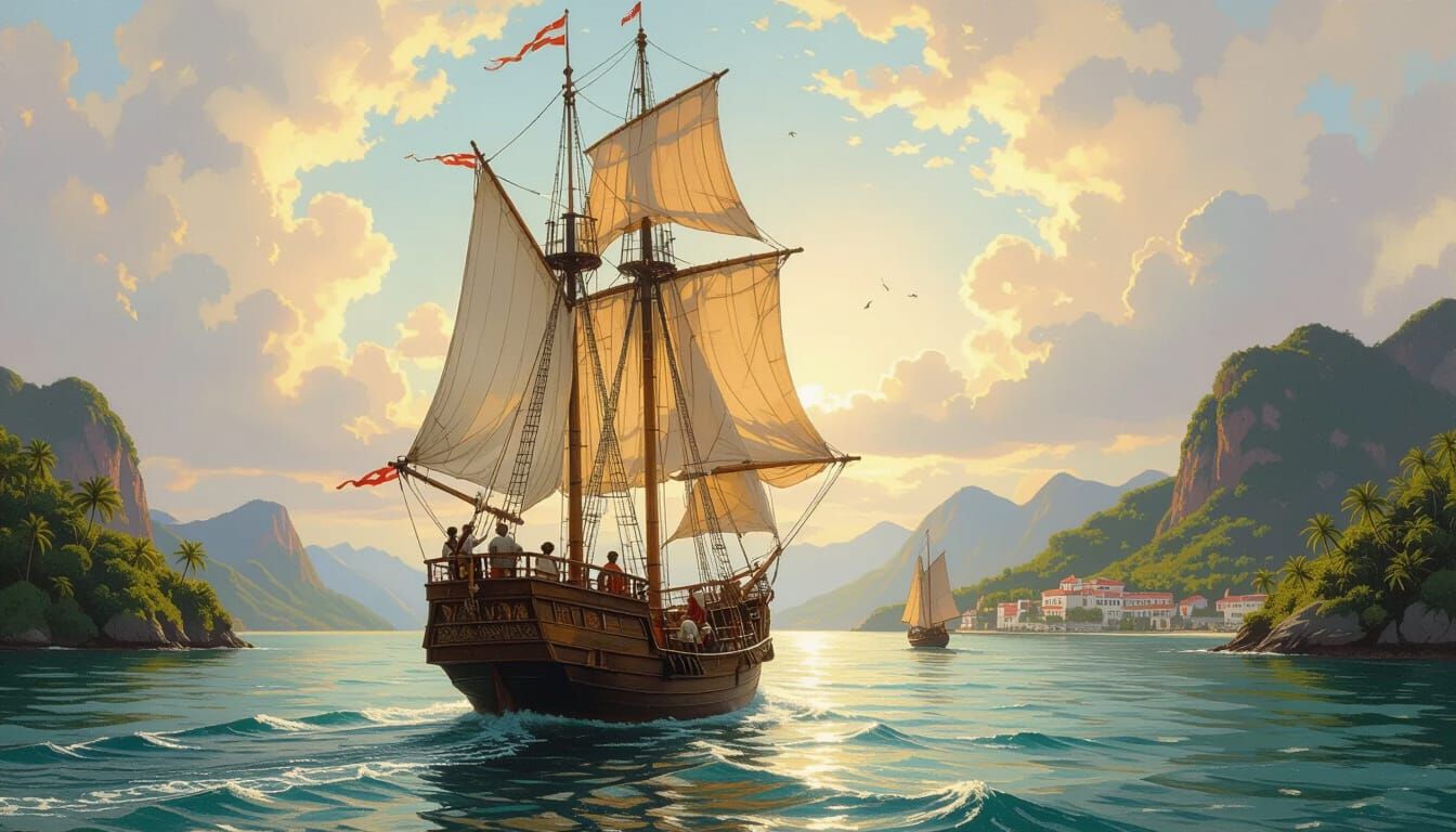 Medieval Sailing Ship in Tropical Channel Renaissance Oil Pa...