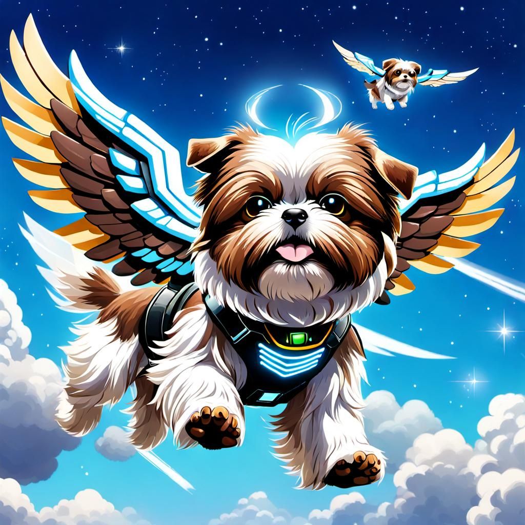 Cyberpunk Shih Tzu Dog with Wings Flying