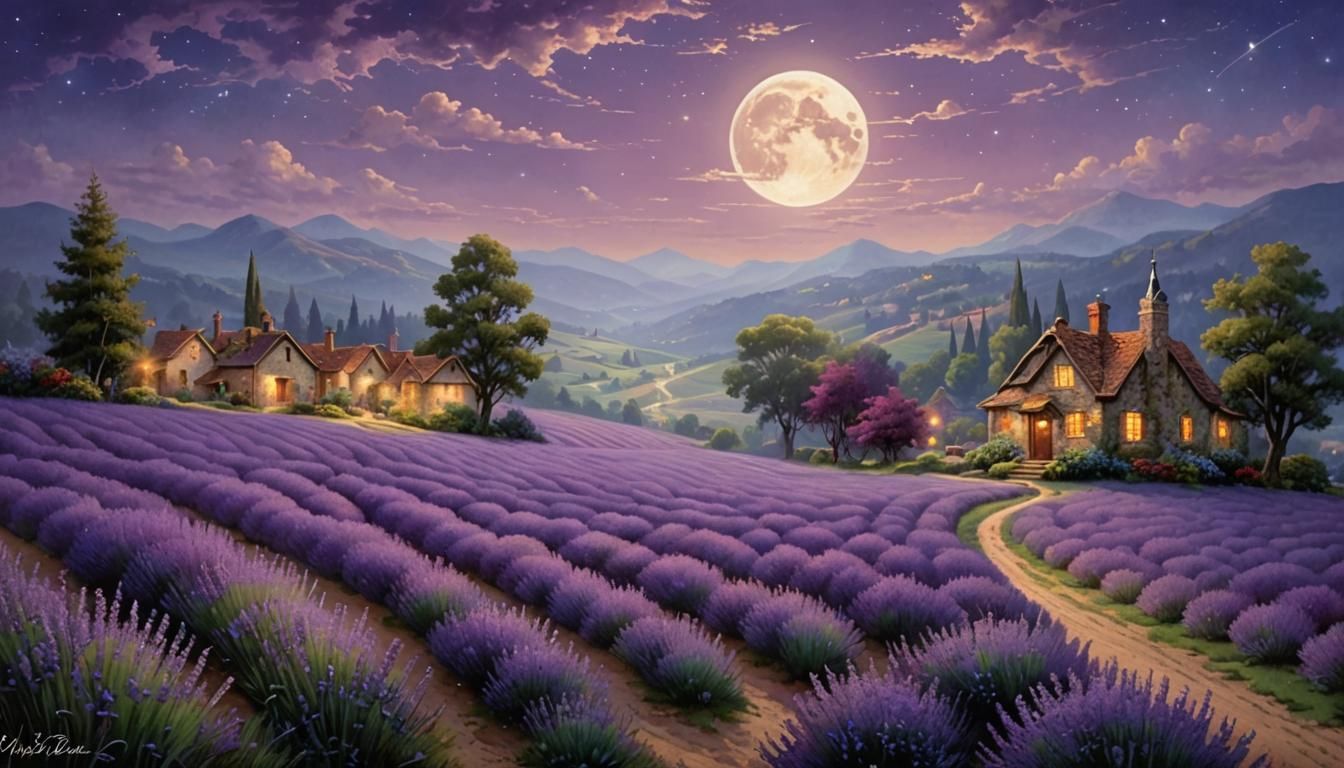 Ethereal Lavender Fields at Moonlit Night