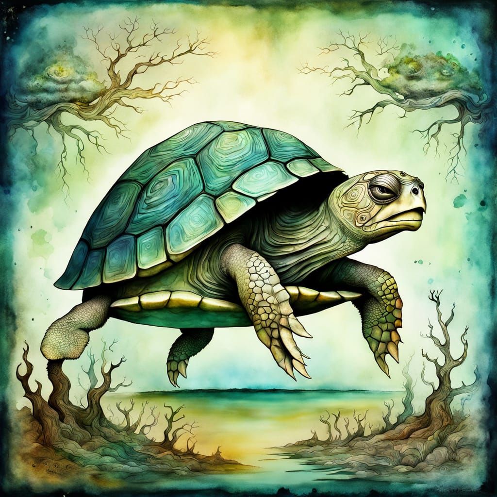 Whimsical Turtle Painting with Eerie Playfulness