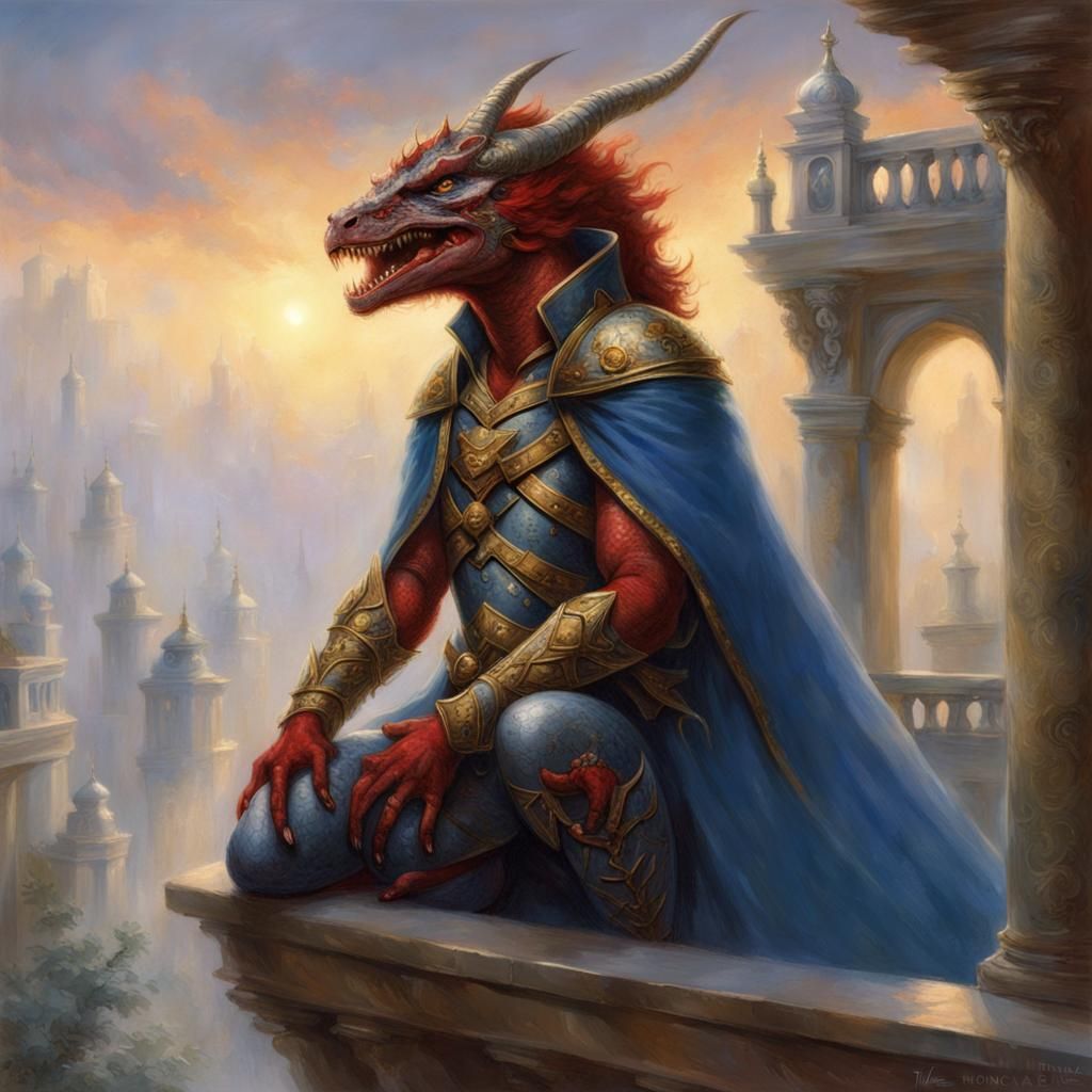 Regal Lizardman Overlooking Kingdom in Ethereal Style