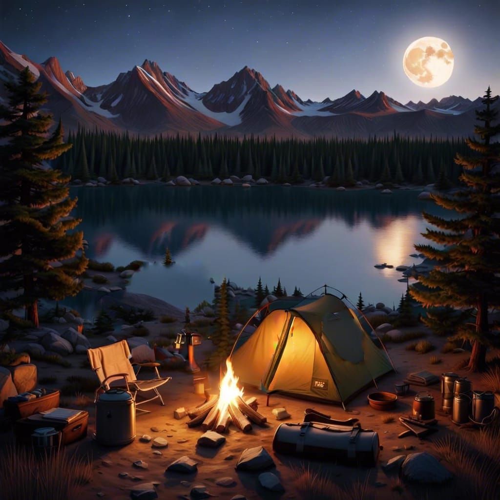 1950s Campsite in the Rocky Mountains at Twilight