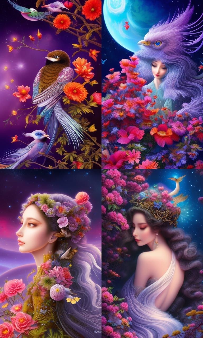 Fairytale Scene with Stars, Birds, and Flowers