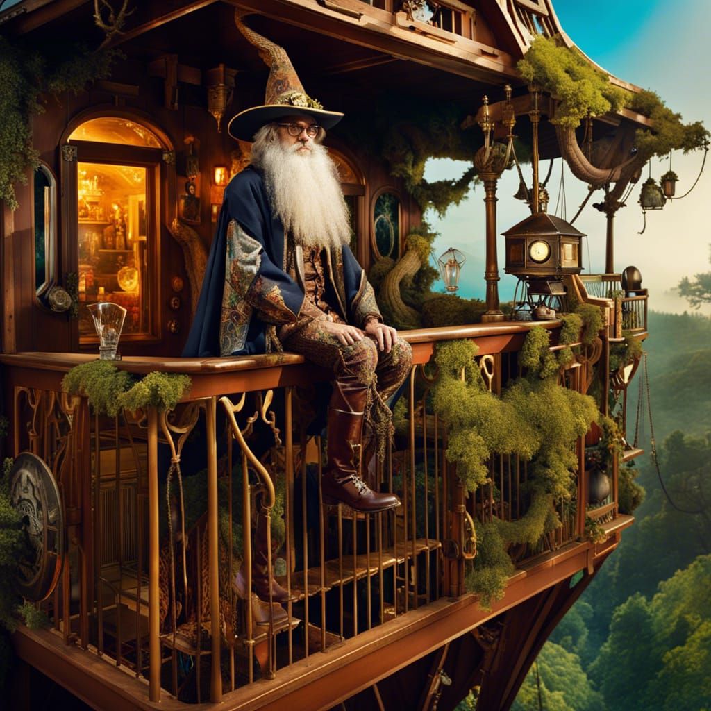 Hipster Wizard in Steampunk Treehouse, Vivid Colors