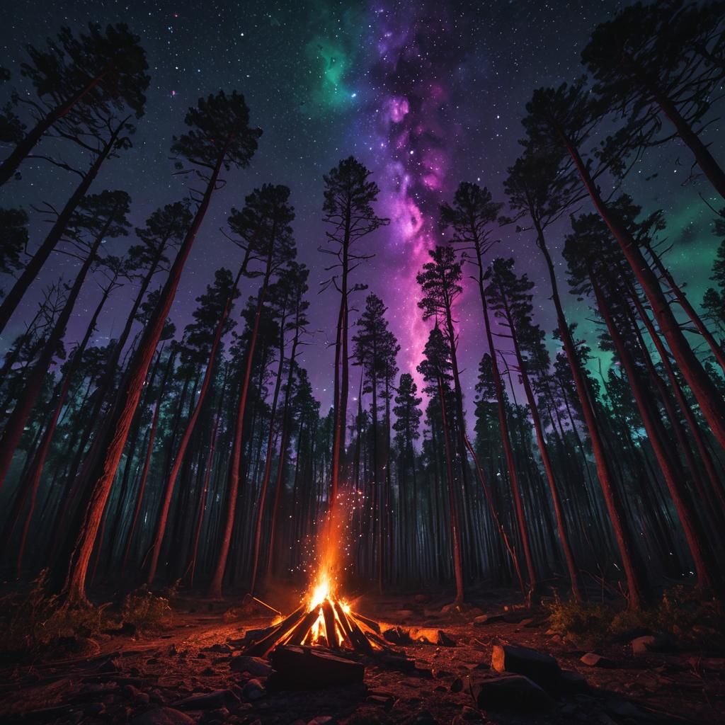Neon Campfire Illuminates Dark Forest in Digital Art Style