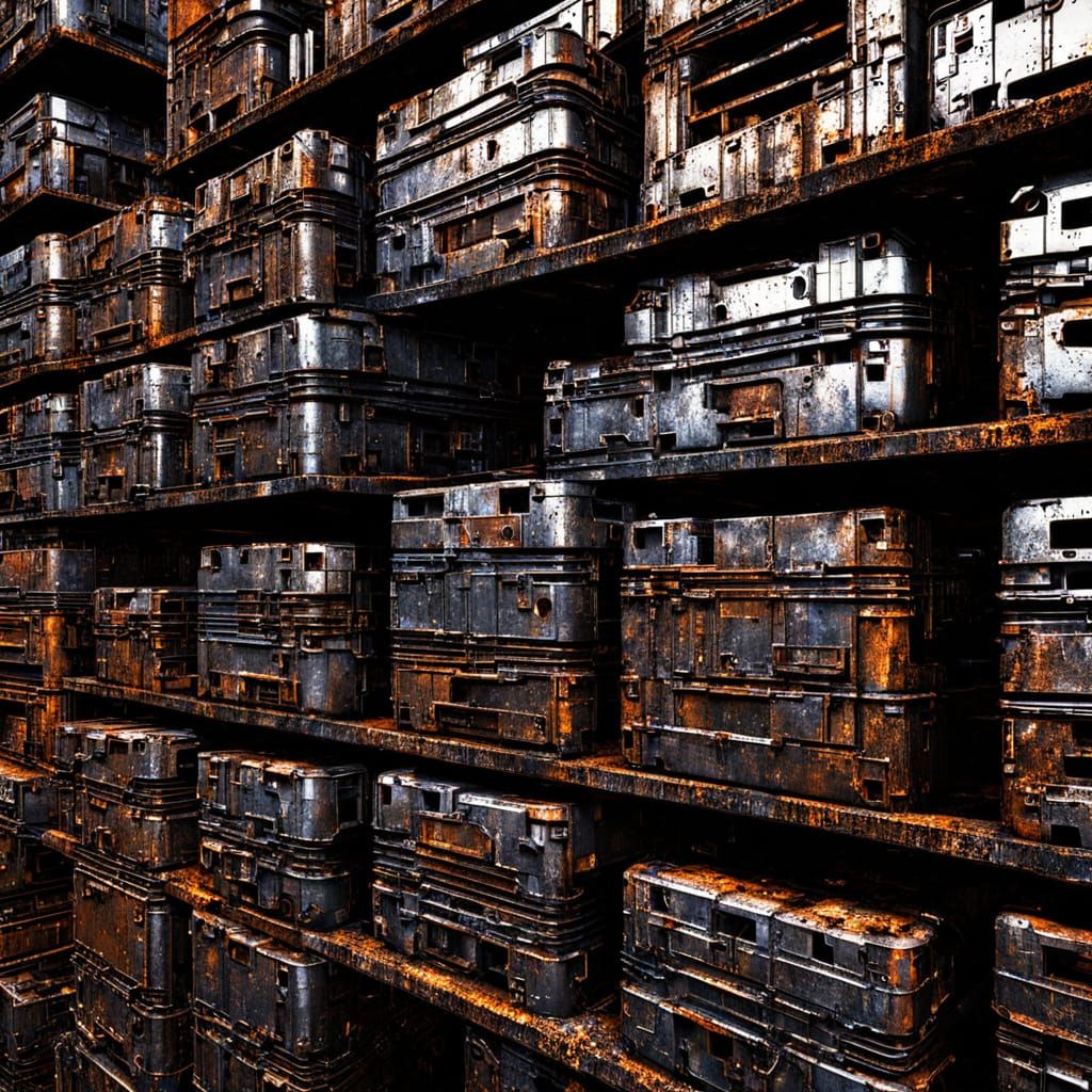 Futuristic Alloys Stacked in Dimlit Warehouse