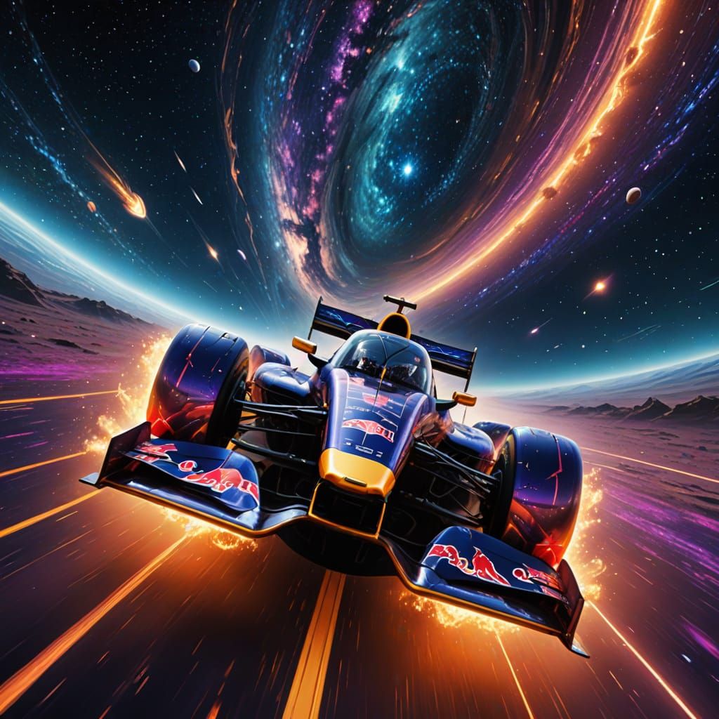Red Bull Spaceship Races Through Cosmic Highway