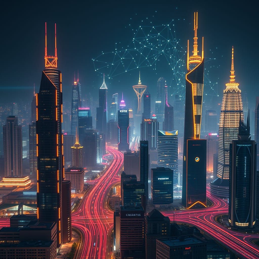 Futuristic Sci-Fi Metropolis Connected by Ethereal Light Gri...